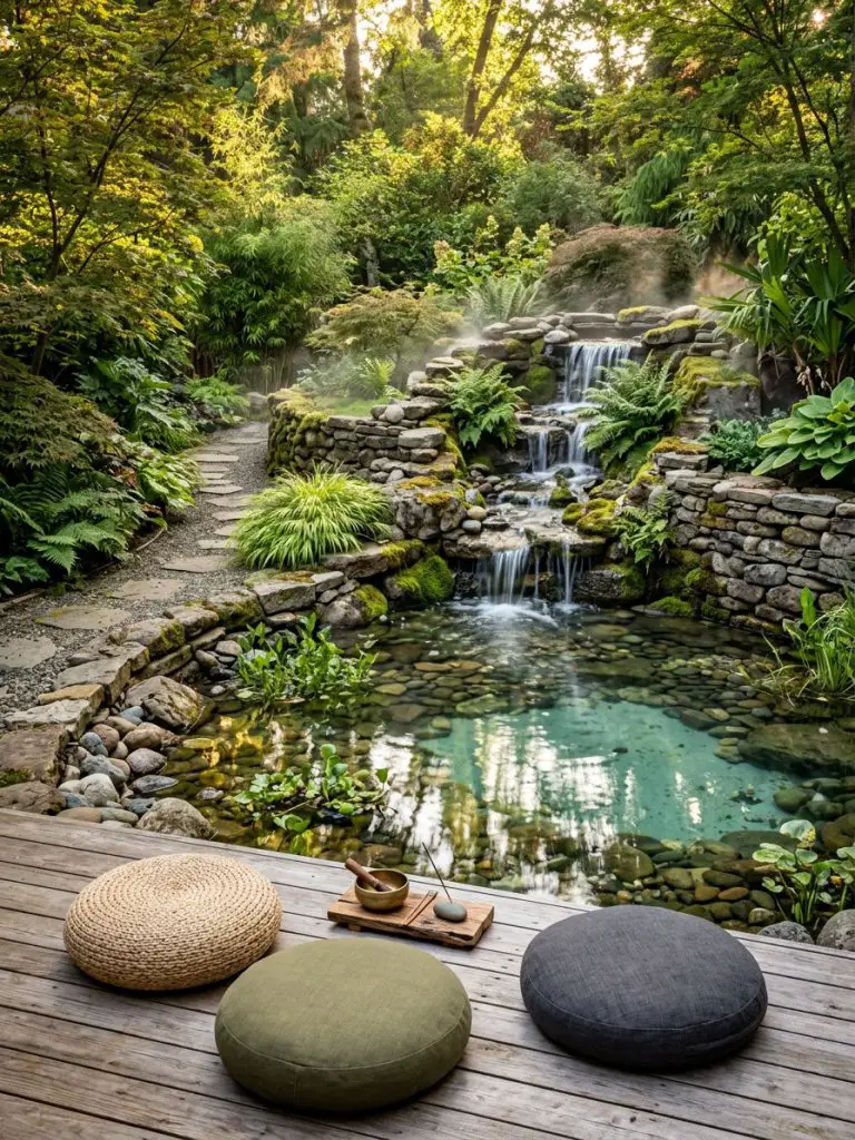 Design a peaceful meditation garden centered around a cascading natural stone waterfall flowing into a shallow reflective pond surrounded by.