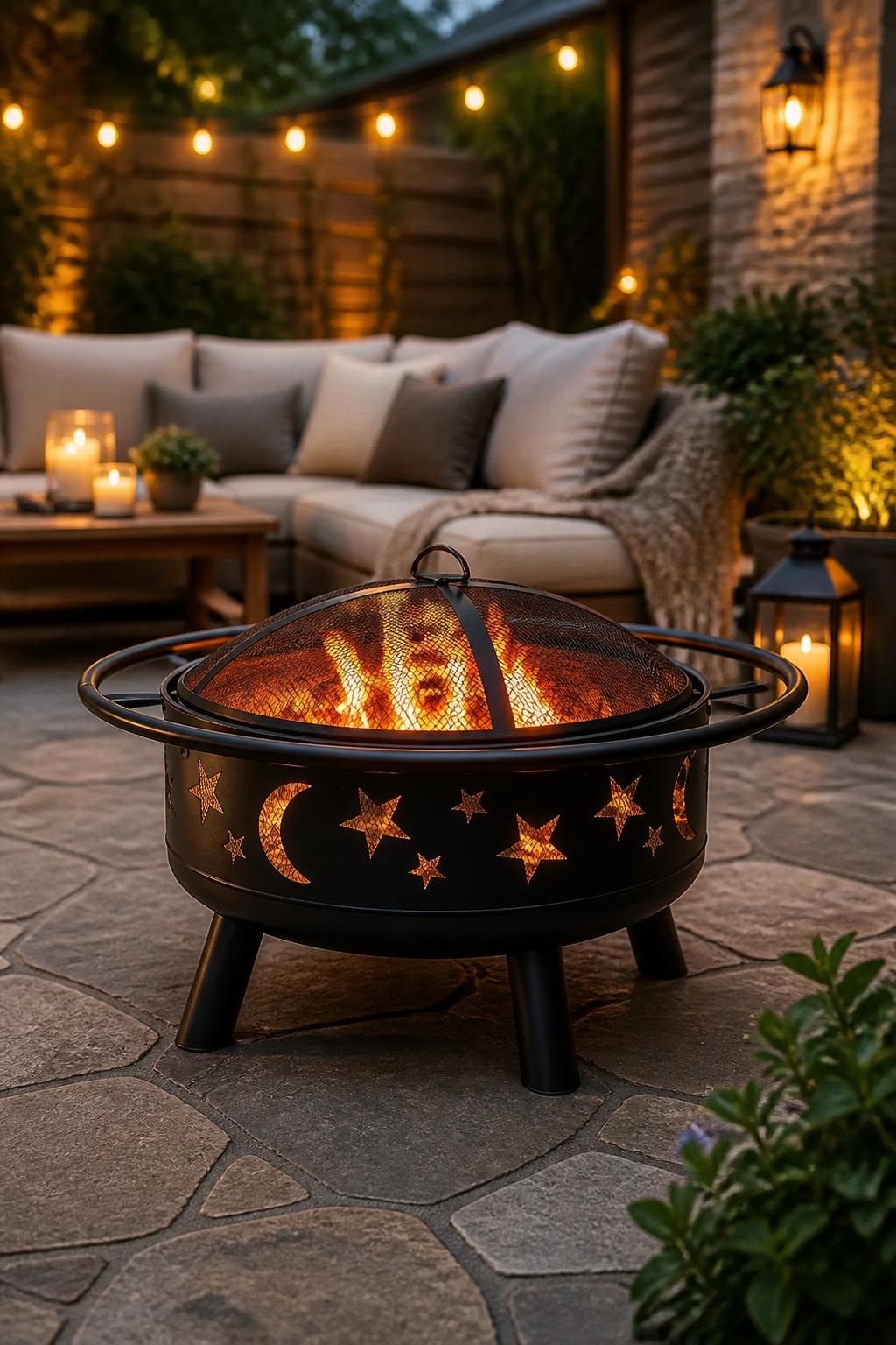 Set in a tranquil garden corner, a whimsical black metal fire pit with adorable star and moon cutouts illuminates a stone patio.