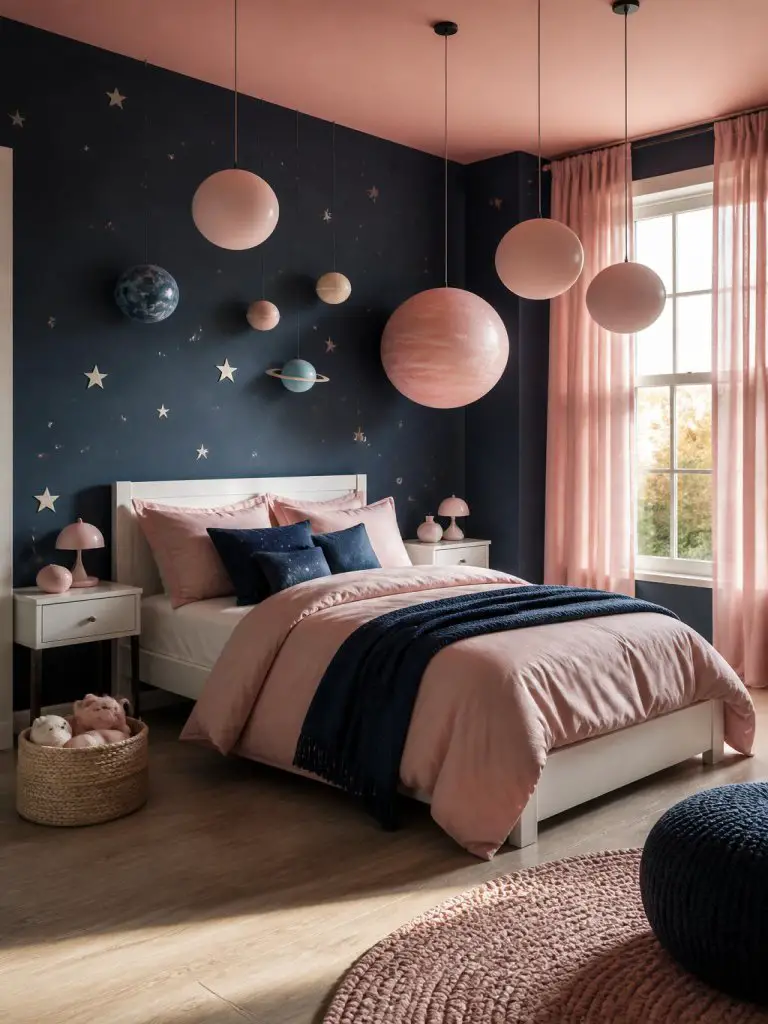 A celestial-inspired blue and pink kids bedroom with a modern fantasy aesthetic featuring deep navy walls decorated with tiny stars and susp.