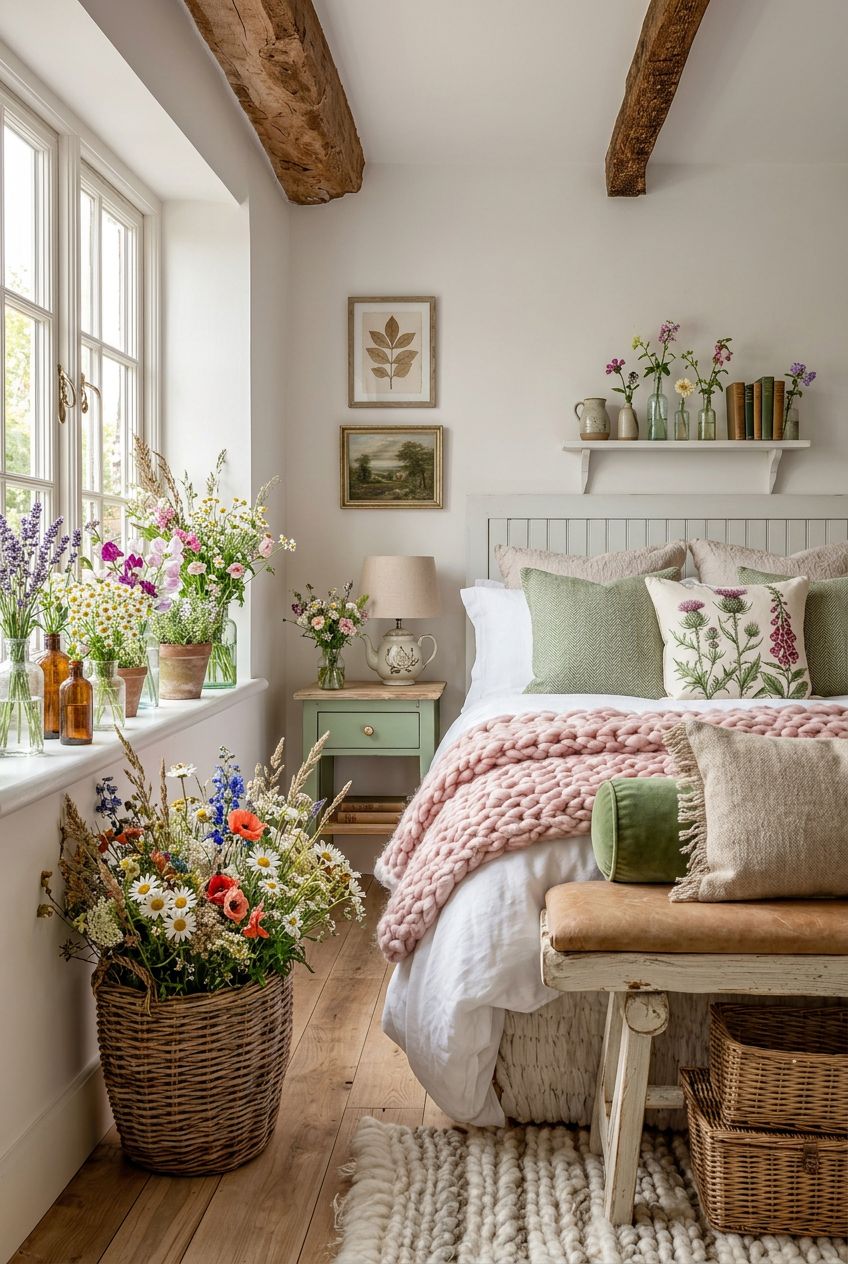 Capture the essence of an English cottage bedroom with rustic wood beams overhead and a large window bathing the room in natural sunlight.