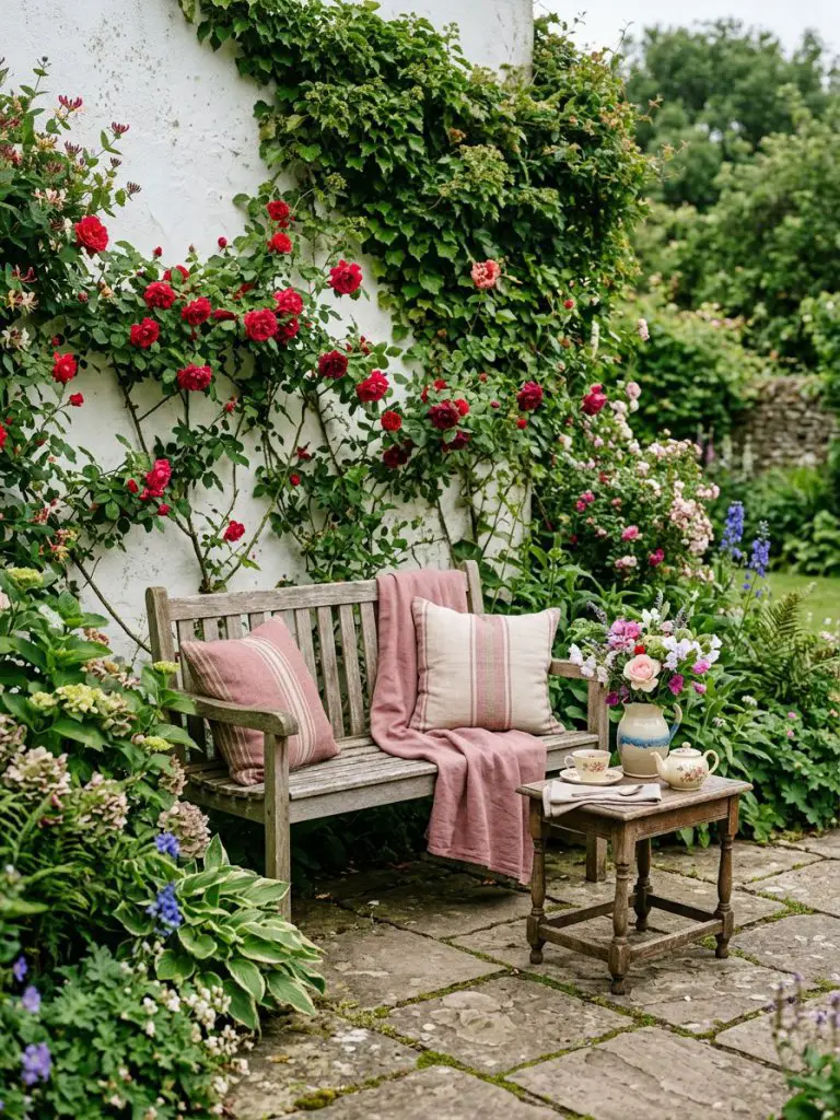 A cozy cottage-style small garden seating nook featuring a wooden slatted bench positioned centrally against a white plaster garden wall, pa.