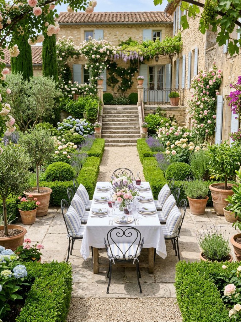 A bright French courtyard dining garden designed in elegant Mediterranean courtyard style with manicured hedges, layered flower beds, and a.