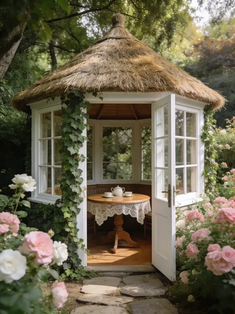 A charming thatched roof garden tea house designed in a classic English cottage style, featuring a small hexagonal structure with white-fram.