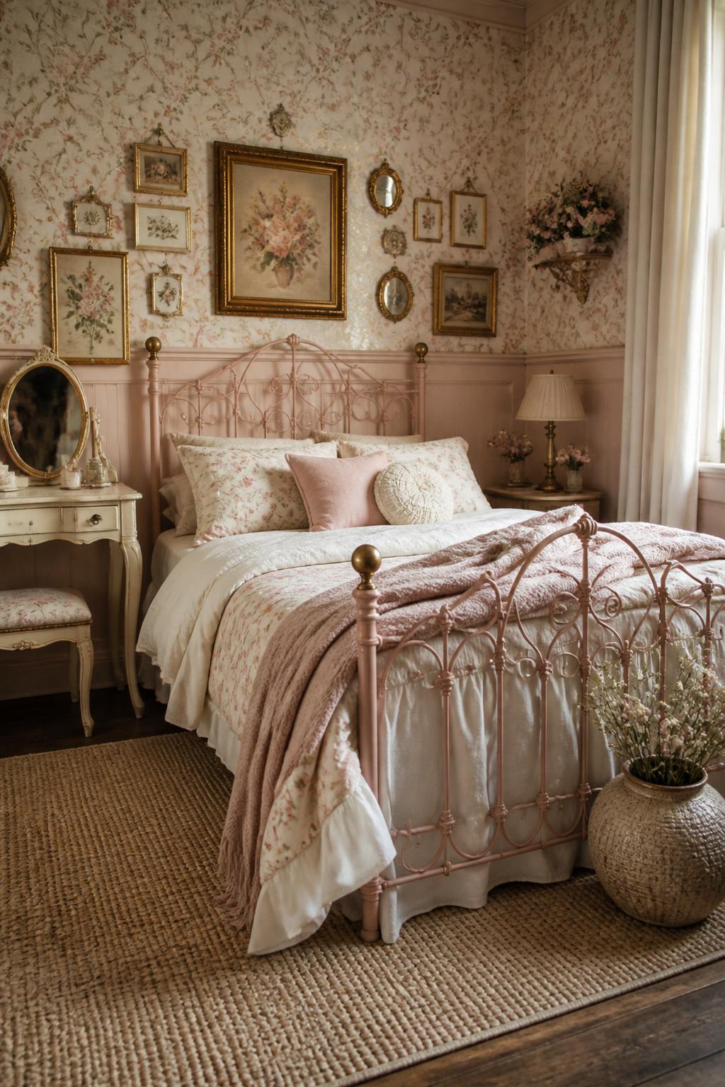 This Victorian-inspired bedroom delights with ornate gallery wall details, intricate floral wallpaper above blush paneling, and a stately pi.