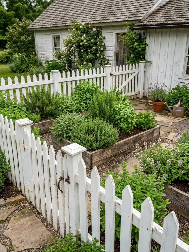 A charming white picket fence enclosing a small herb garden, styled in farmhouse rustic design.