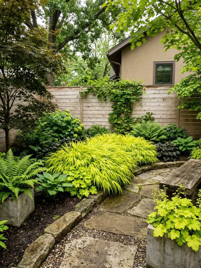 A shaded backyard garden featuring chartreuse foliage plants that create bright visual contrast in a Warm Minimalist + Modern Rustic setting.