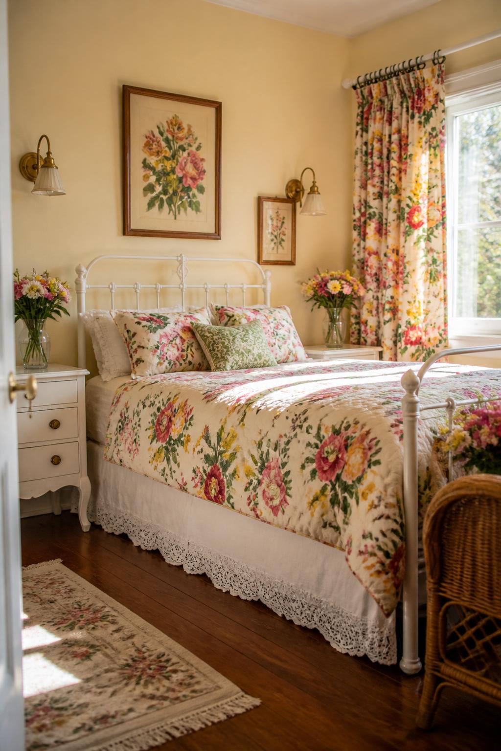 A cheerful country bedroom bursts with garden-inspired floral prints on quilts, curtains, and pillows, set against buttery cream walls and c.