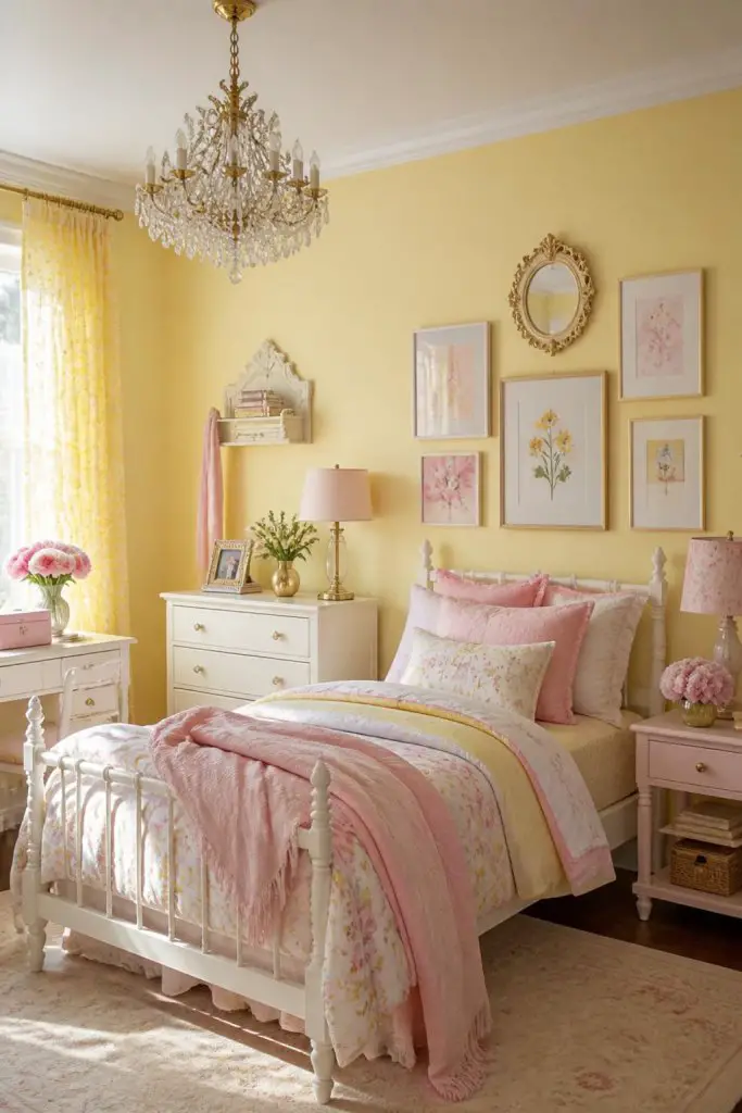 A timeless pastel bedroom with gentle yellow walls and blush-pink accents, styled with a white spindle bed dressed in floral pillows and lay.