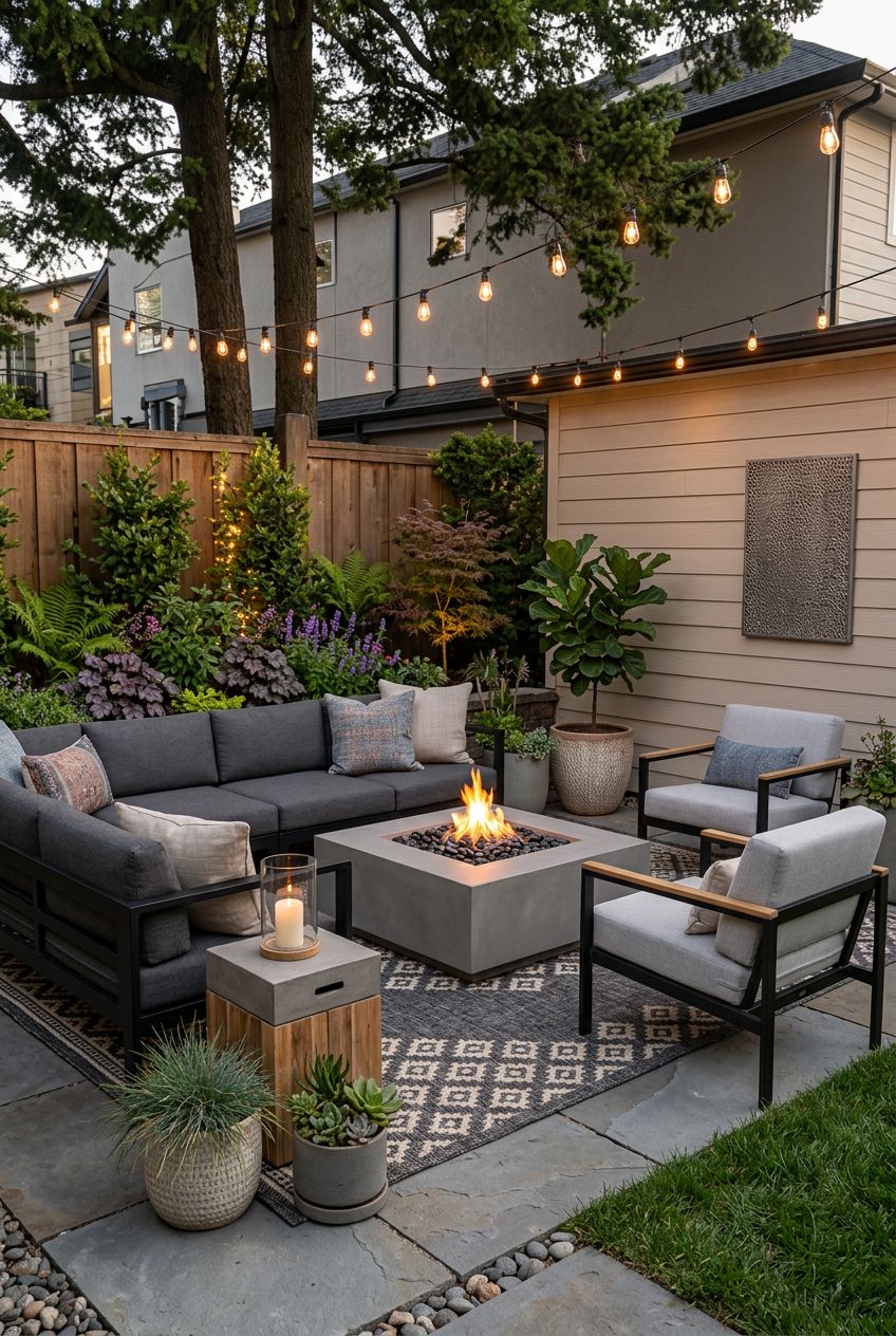 A chic, urban patio lounge features a minimalist concrete fire pit squarely set atop an outdoor patterned rug, surrounded by sleek modular l.