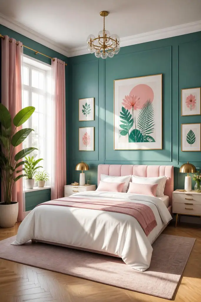 A modern bedroom where teal panelled walls meet blush pink velvet on the tufted headboard, with coordinating soft pink curtains framing a la.