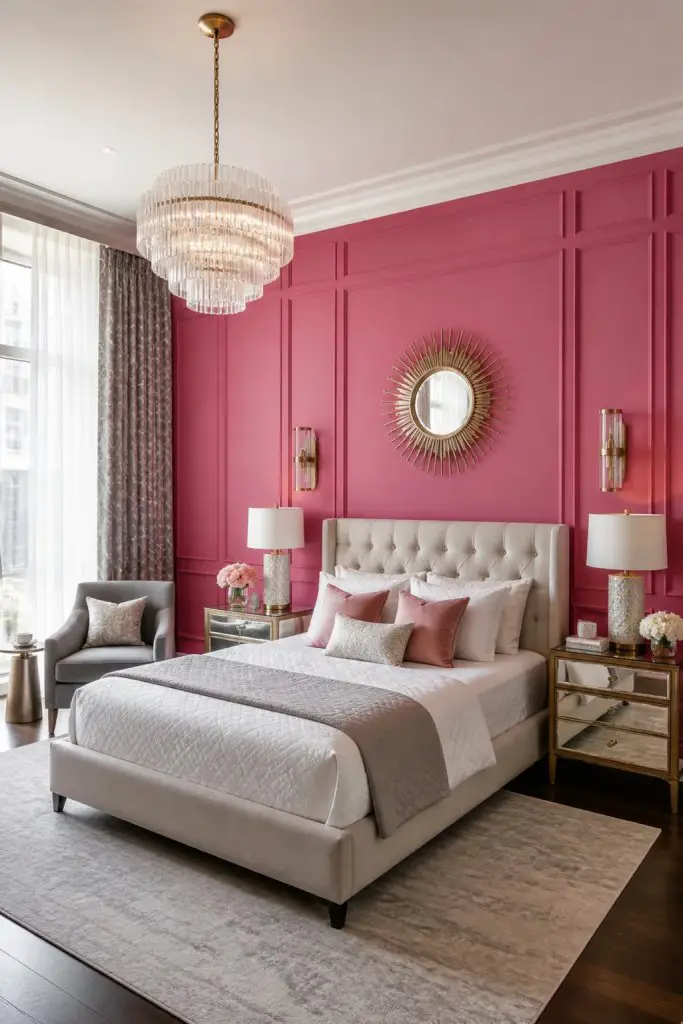 A transitional style bedroom with a dramatic paneled pink accent wall as the focal point, setting a luxurious and tailored tone.