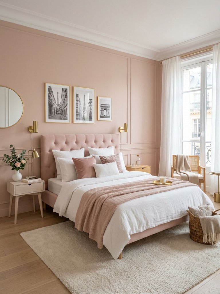 A chic Parisian-inspired pink and white bedroom featuring blush pink walls, a tufted upholstered bed, elegant gold accents, and soft Scandin.