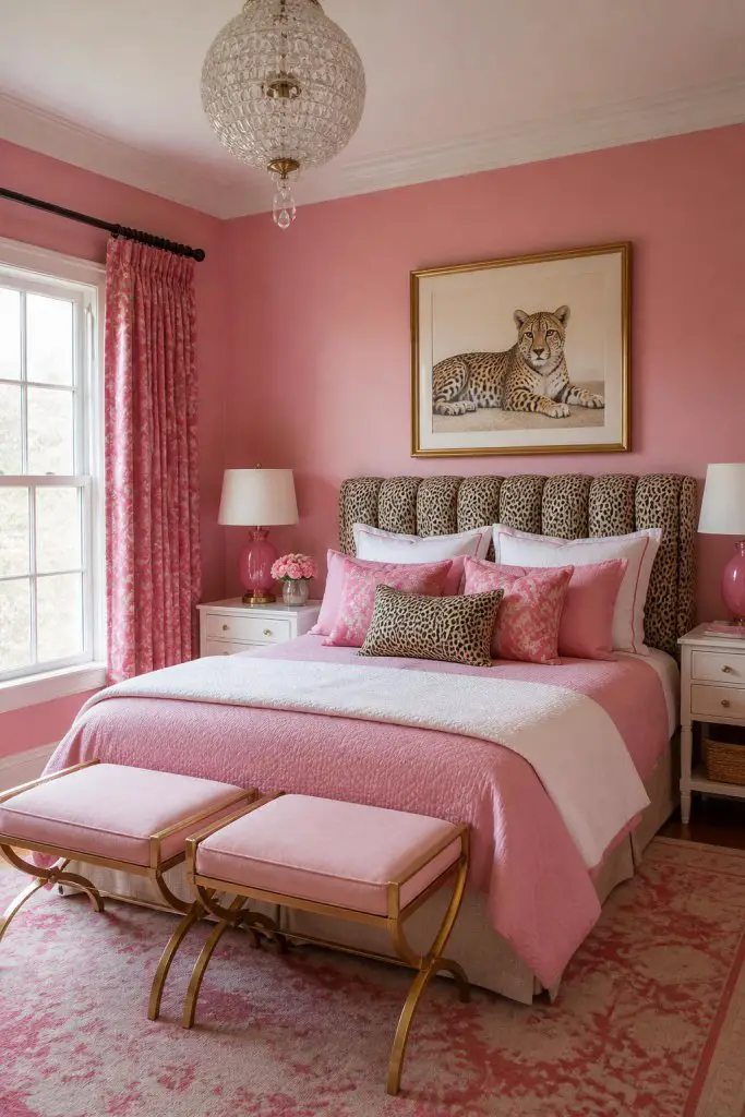 In this chic bedroom, a pastel pink backdrop wraps around the space, accentuated by a tufted bed with a cheetah-print upholstered headboard.