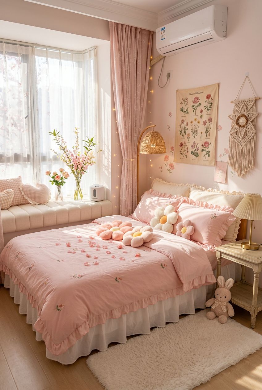 A stylish bedroom blending pastel pinks with romantic details, featuring a ruffled bed cover and large window seat bathed in natural sunligh.