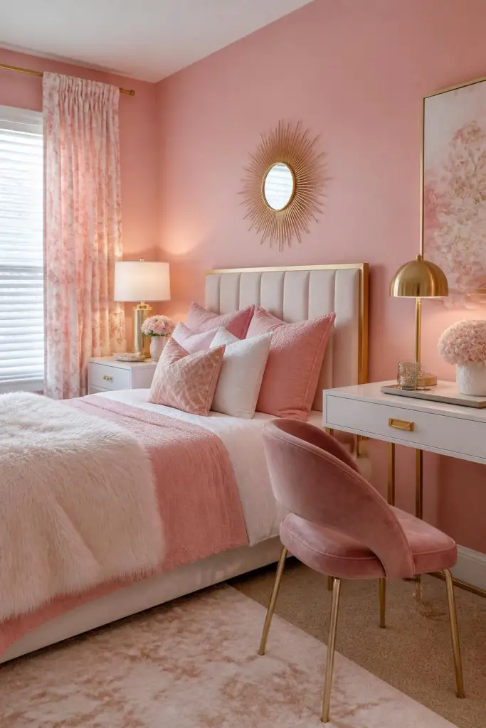 This chic and feminine bedroom features bold pink walls contrasted against a creamy upholstered headboard trimmed with nailhead detailing.