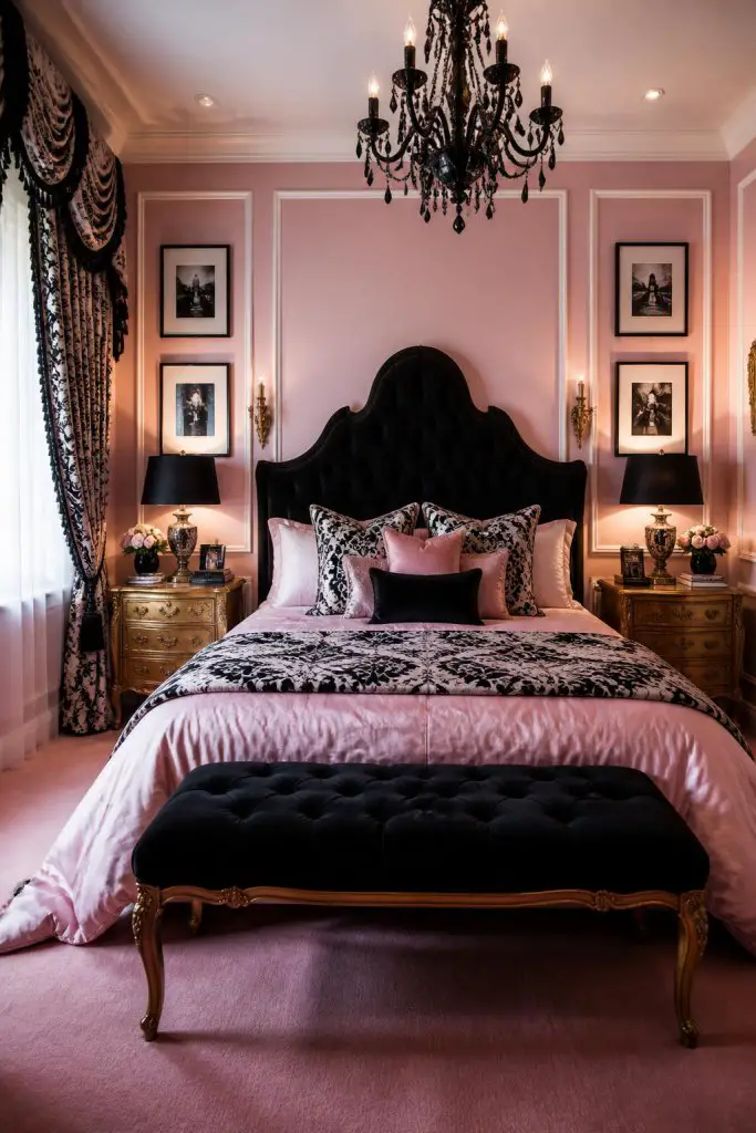 An elegant bedroom designed in a chic classic style, featuring blush-pink walls with crisp white panel molding.