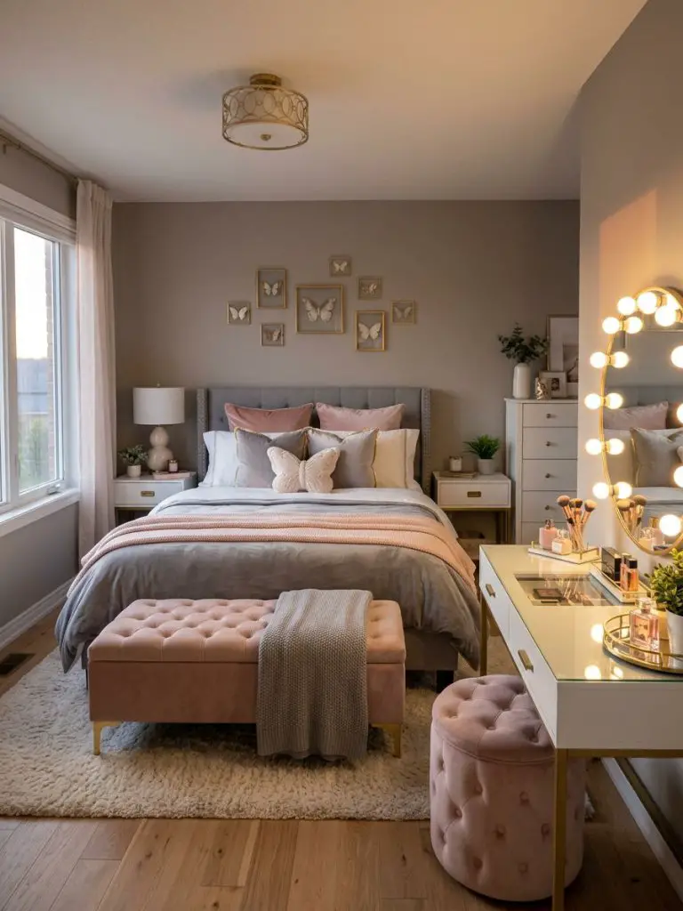 A chic feminine pink and grey bedroom with glamorous vanity styling and soft boutique-inspired decor.