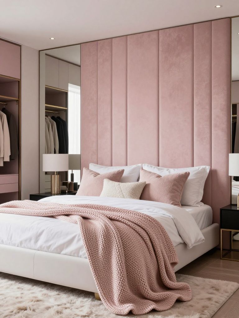 A chic modern pink bedroom featuring a vertical upholstered panel wall and sophisticated feminine styling with subtle glam details.