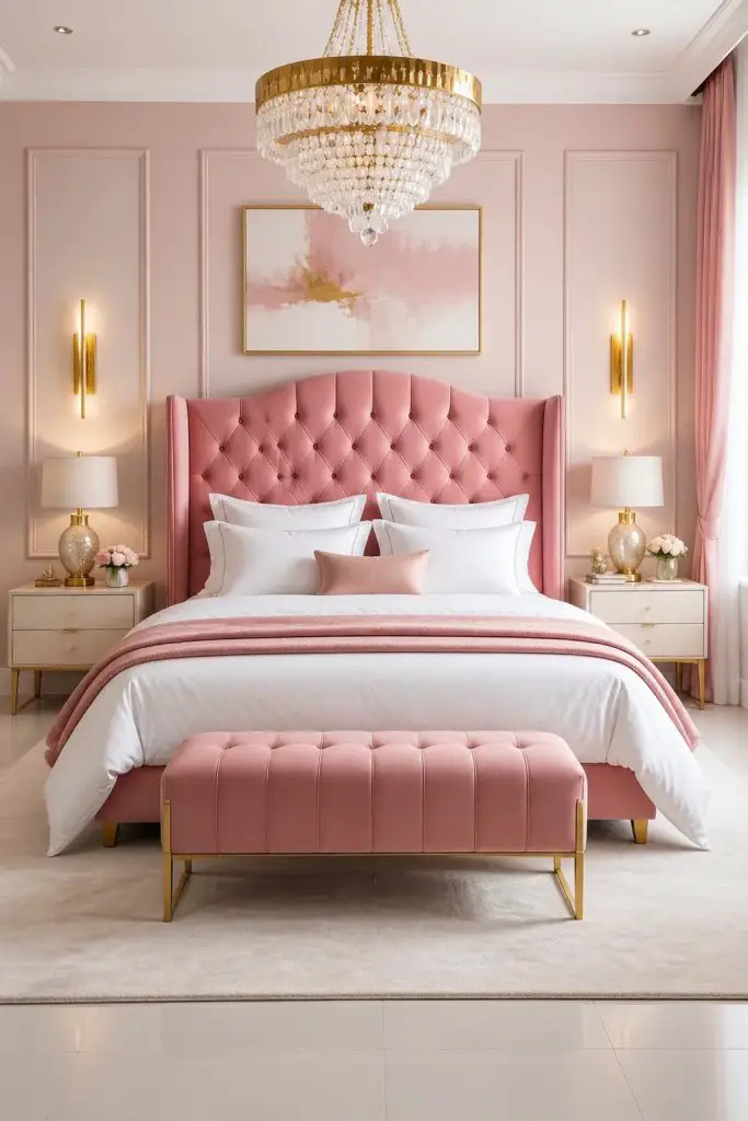An elegant transitional bedroom showcasing a sculpted blush pink headboard with diamond tufting and modern lines.