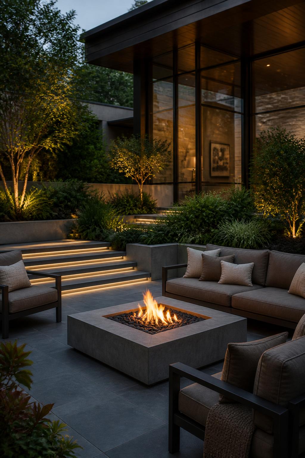 A sophisticated urban garden patio highlighted by a large, low-profile modern square fire table with black pebbles and a concrete finish.
