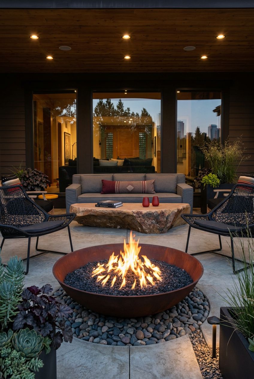 A chic urban patio sanctuary defined by a circular steel fire bowl filled with dark lava rocks, positioned on a textured concrete patio.