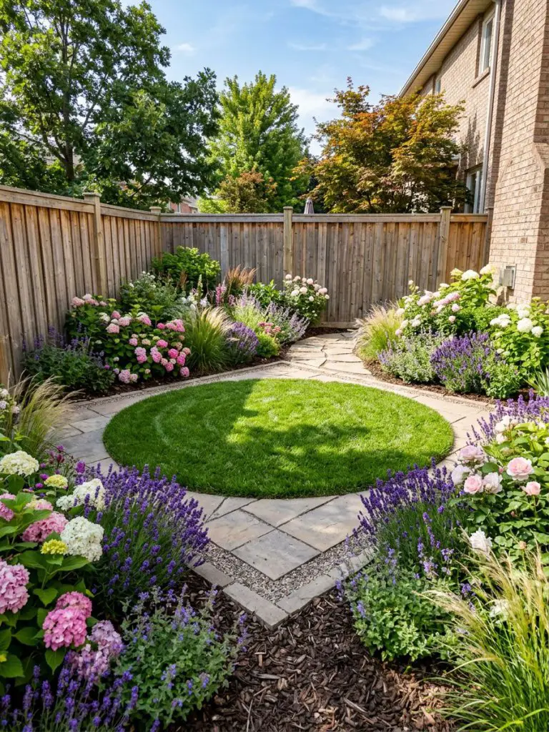 A small rectangular backyard featuring a circular lawn centered within a square layout, surrounded by dense corner plantings.