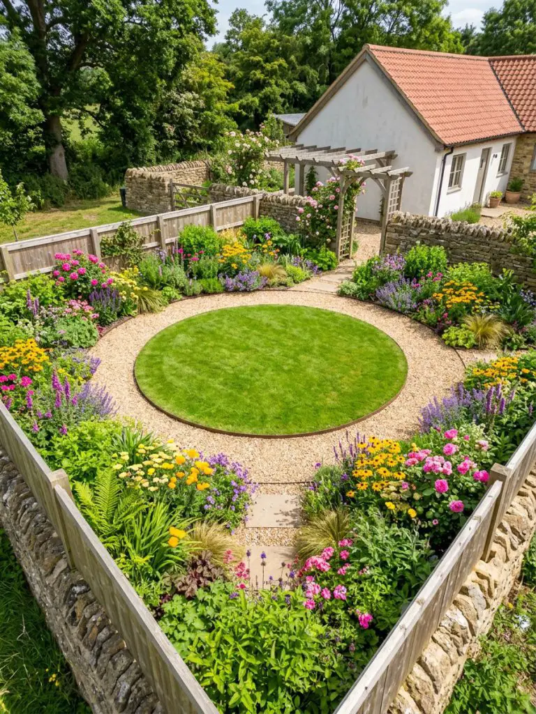A compact triangular garden with three sides transformed by a circular lawn or patio placed at the center of the layout.