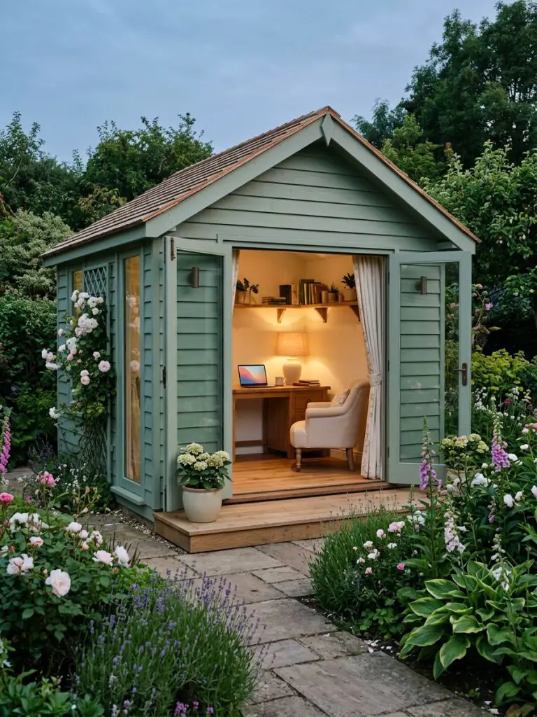 A classic small garden office painted in soft sage green, styled in modern rustic design.