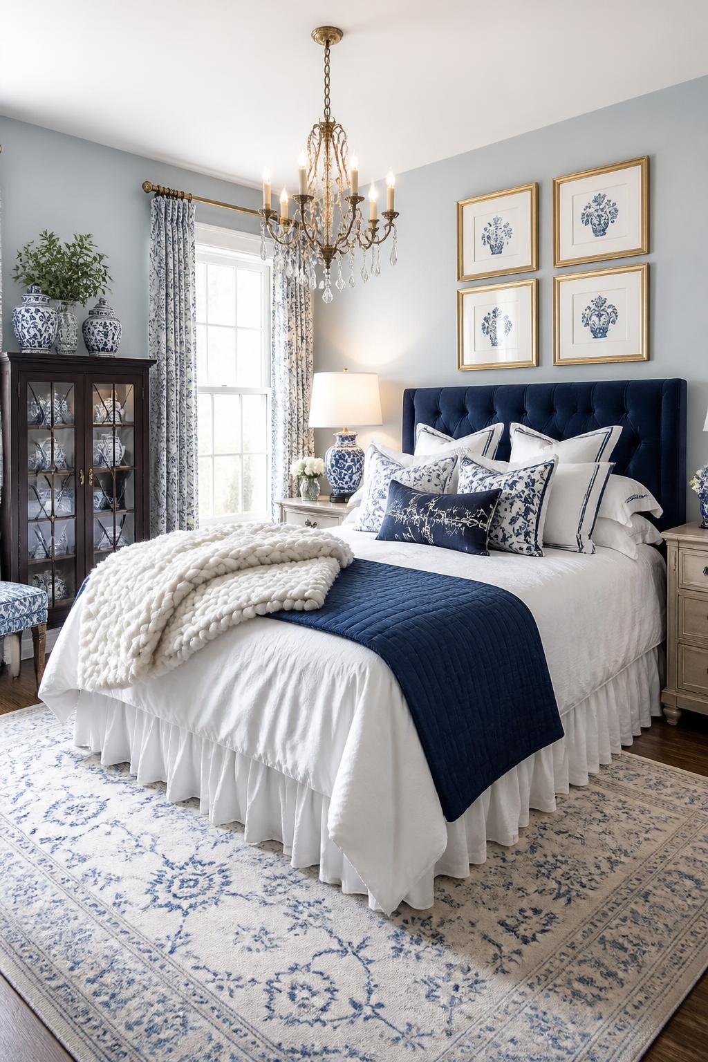 A traditional bedroom where classic blue accents are boldly layered over a white foundation, featuring a tufted royal blue headboard and pat.