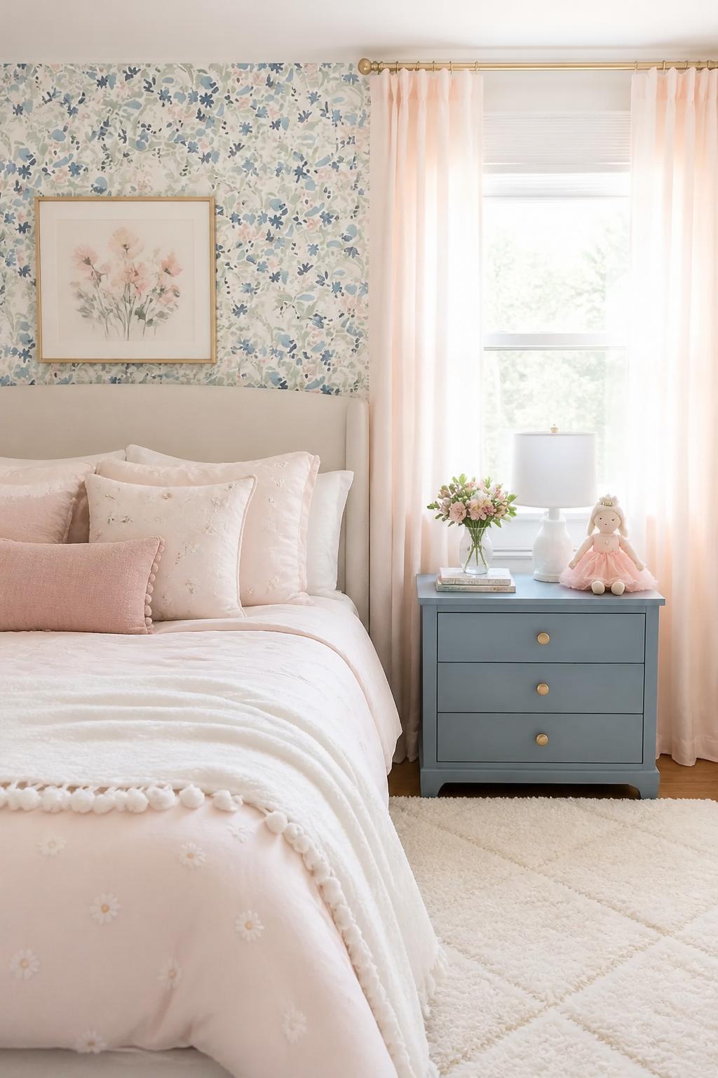 Showcase a soft, feminine bedroom with an upholstered bed in cream, set against a floral wallpaper accent wall in blue-green and blush tones.
