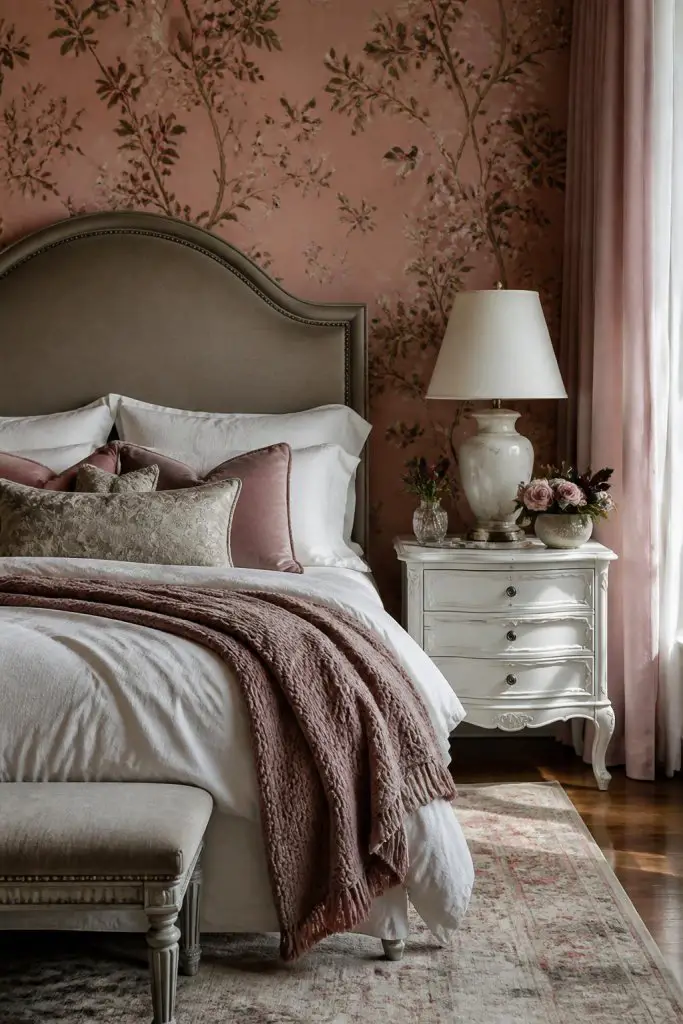 Design a serene, classic bedroom with warm pink botanical wallpaper, acting as a sophisticated backdrop behind an upholstered headboard in t.