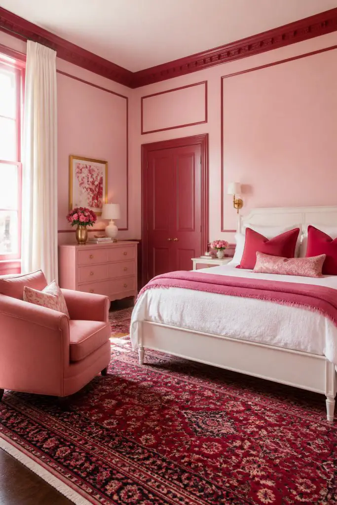 Showcase a classic bedroom defined by ornate trim work and coordinated pink and red finishes.