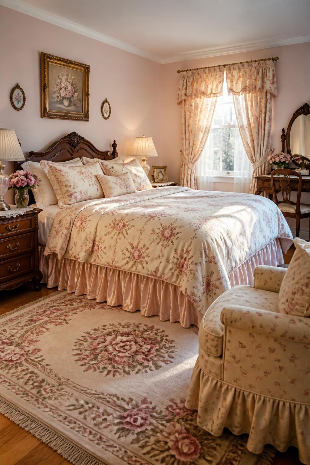 A classic cottage-style bedroom comes to life with delicate damask floral bedding and soft blush walls, featuring matching motif curtains an.