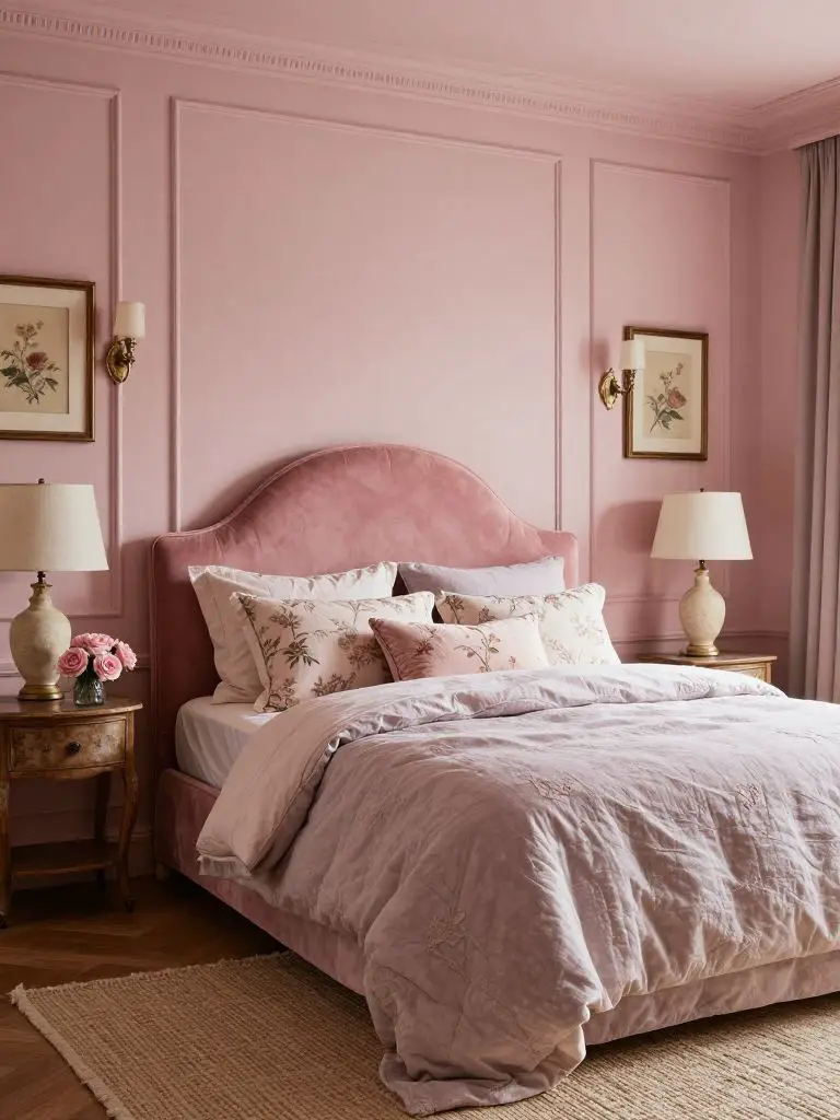 A feminine cottage-inspired moody pink bedroom with classic wall molding, soft blush upholstery, and romantic floral textiles.