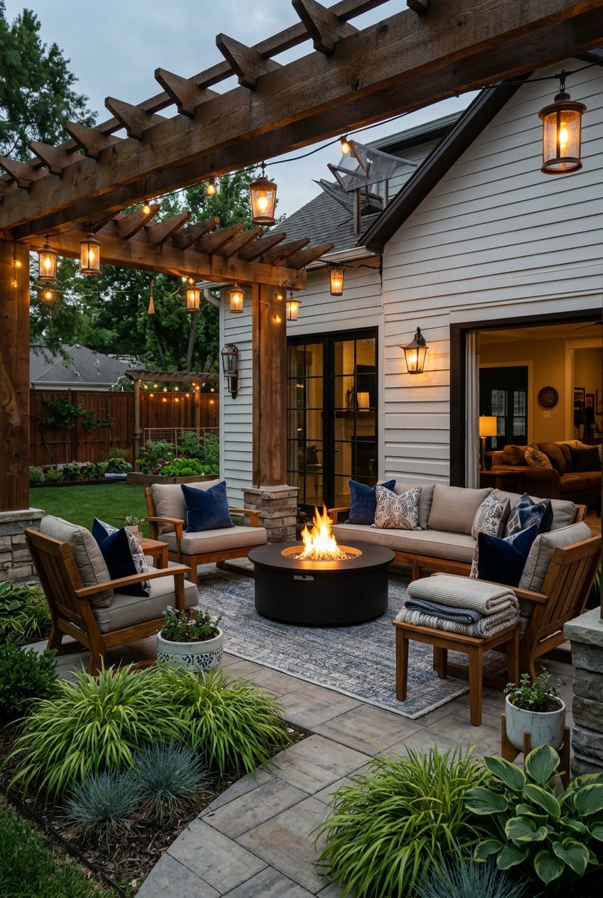 A classic craftsman-inspired backyard lounge beneath a wood pergola, featuring a black round fire pit on a patterned outdoor rug.
