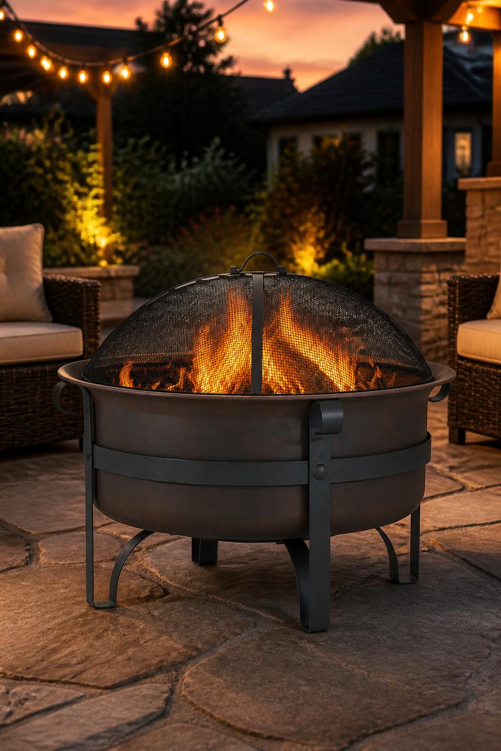 A classic, deep-bowl metal fire pit with sturdy legs and a domed mesh cover commands attention on a flagstone patio at sunset.