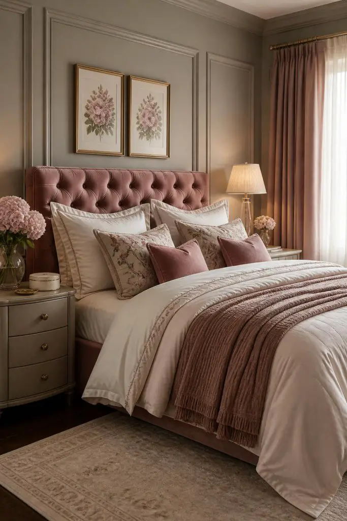 A classic and elegant bedroom featuring a rose pink tufted headboard that anchors the space with timeless appeal.