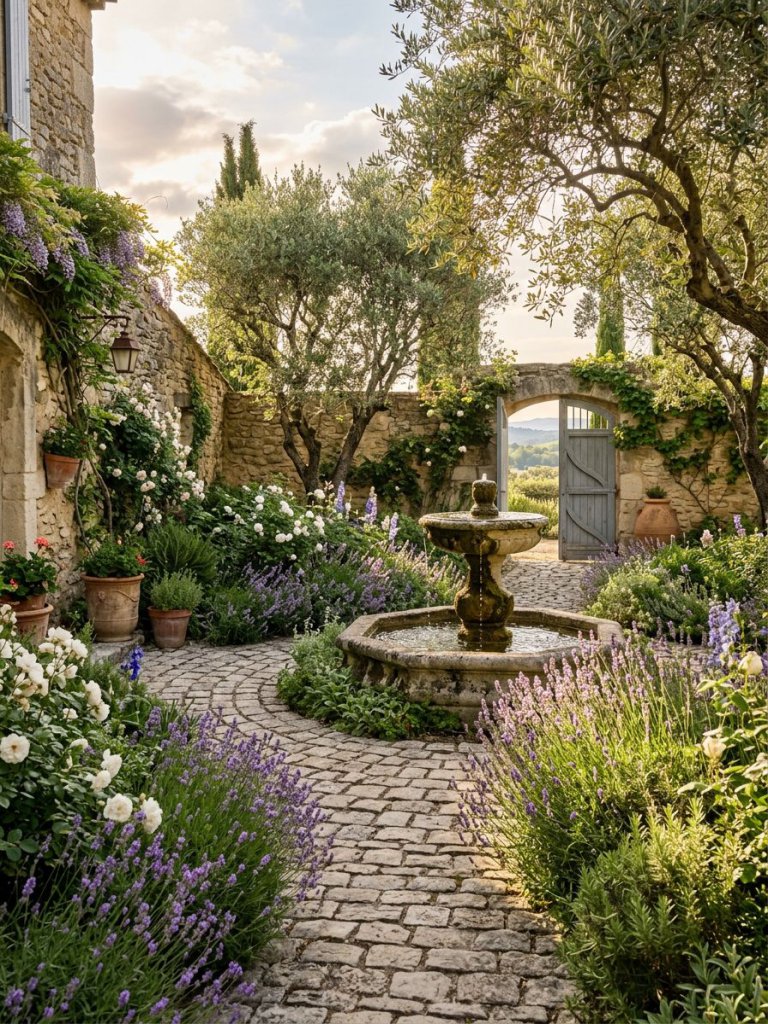 A classic French courtyard garden inspired by Provence landscapes featuring curved cobblestone walkways, overflowing lavender beds, mature o.