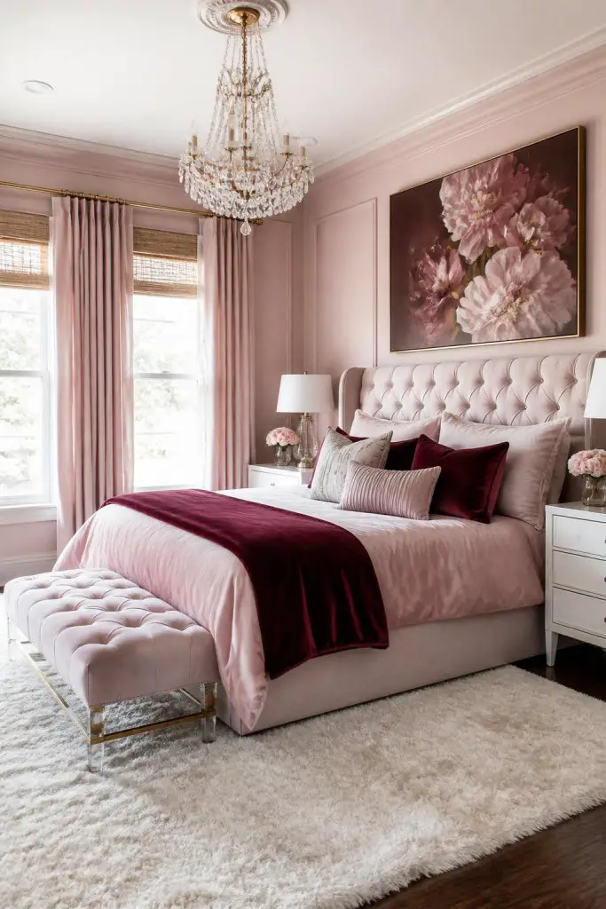 This classic bedroom is enveloped in a pale pink hue, with a focus on soft textiles and understated glam.
