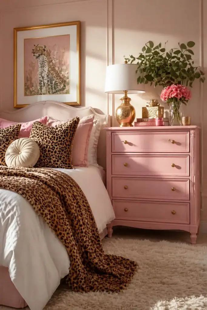 The bedroom features a blend of feminine elegance and animal print chic with a carved pink wood dresser, metallic gold accents, and a plush.