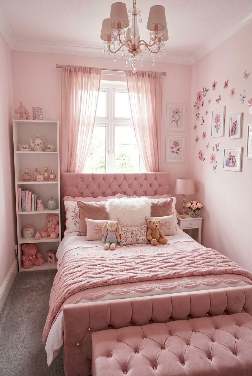 A cozy, classic pink bedroom filled with tufted details, featuring a pink velvet buttoned headboard and footboard paired with a sandwich of.