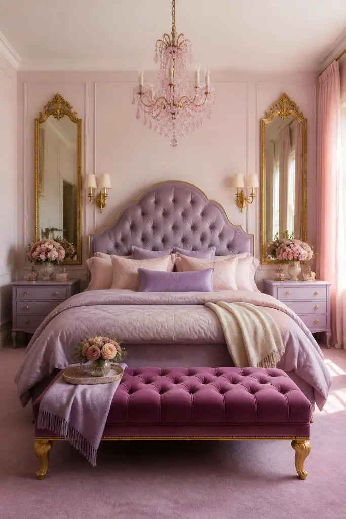 Channel timeless symmetry, with a central tufted lavender headboard framed by dual gold mirrors and paired blush and lavender bedding.