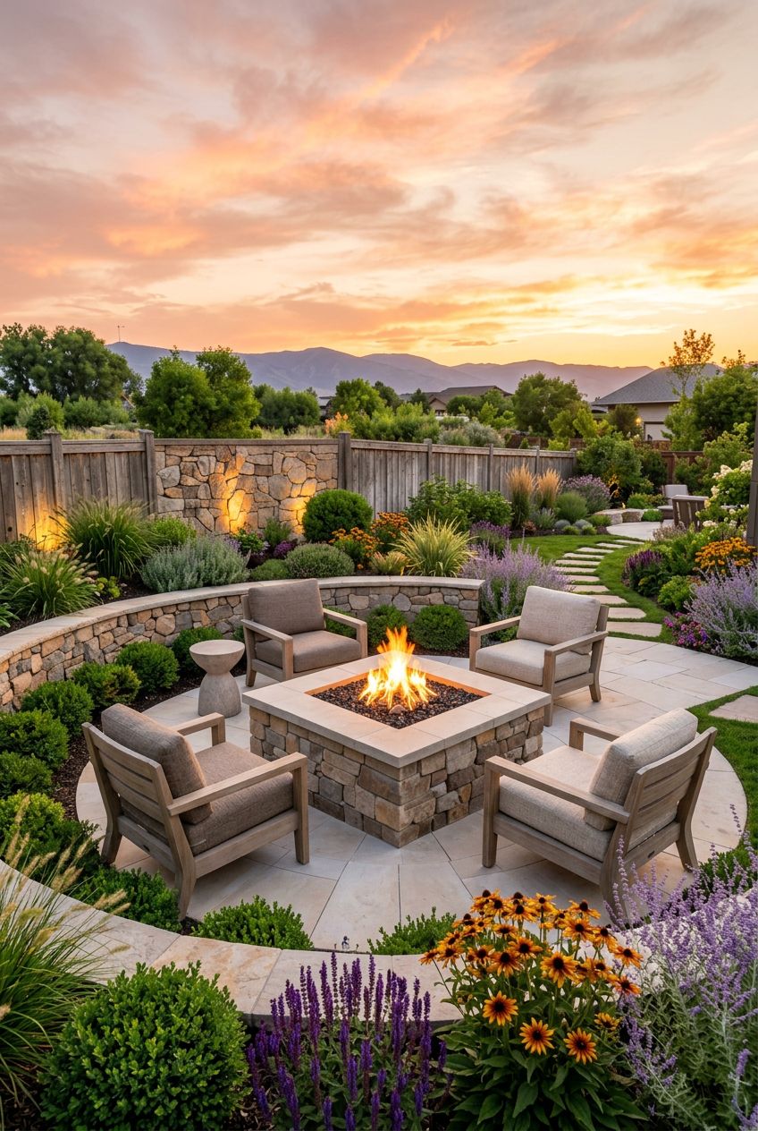 A spacious backyard setting featuring a classic square stone fire pit at the center of a circular paved area, bordered by manicured garden b.
