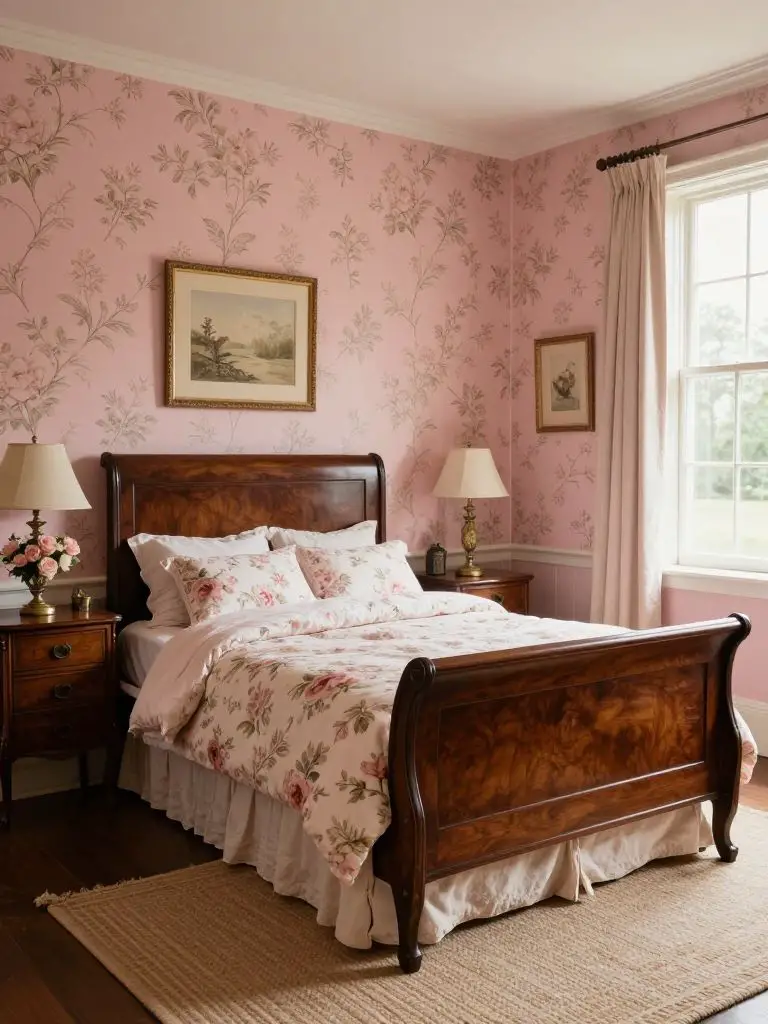 A timeless vintage pink bedroom with traditional floral wallpaper and rich antique wood furniture, styled with classic romantic elegance and.