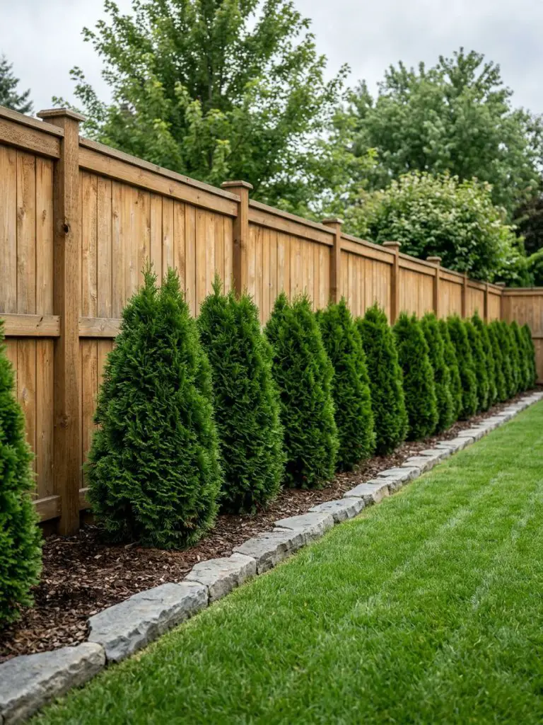 A classic backyard scene featuring a tall wooden privacy fence paired with a row of neatly trimmed evergreen shrubs, styled in modern rustic.