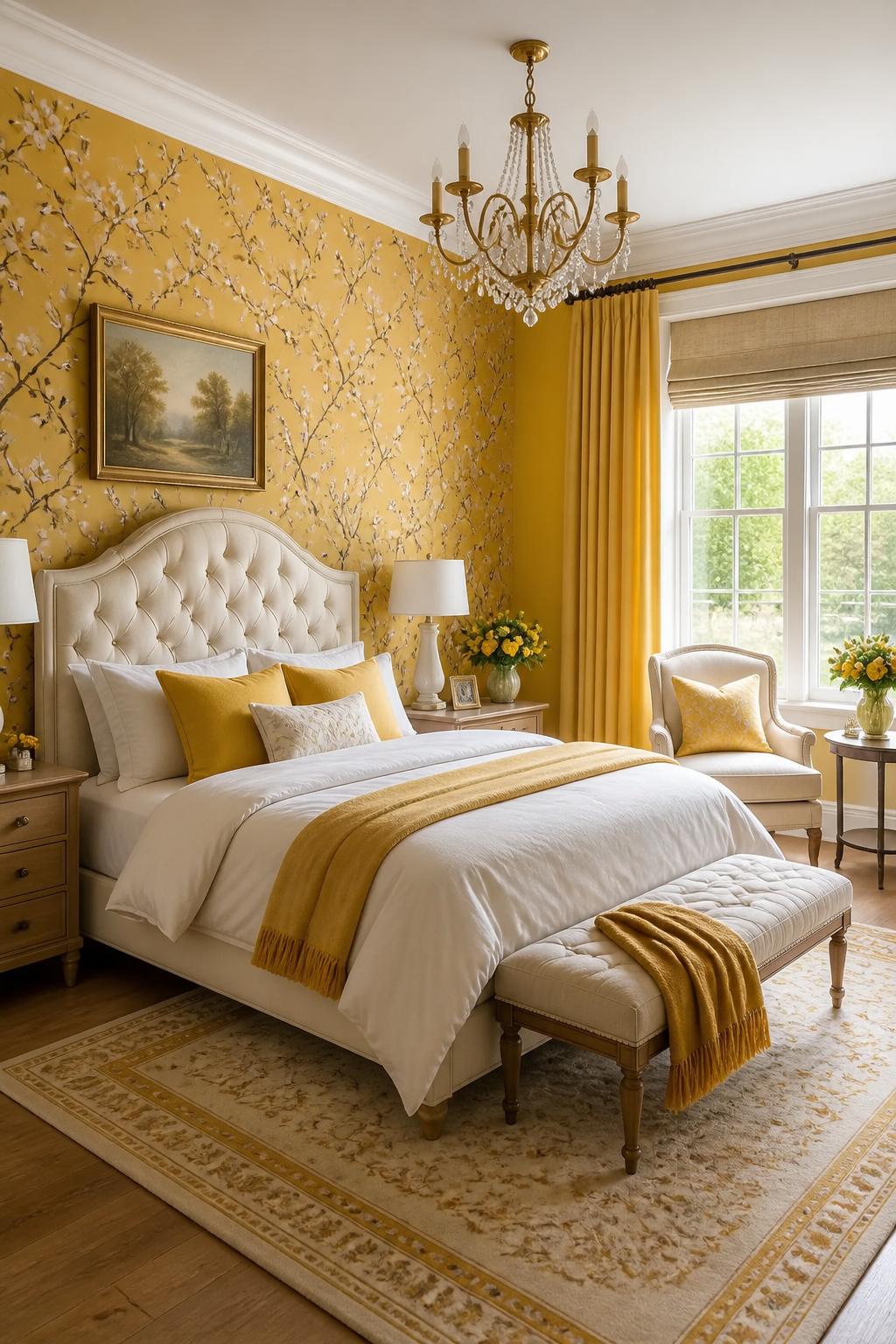 This classic, bright yellow bedroom exudes traditional elegance with its tufted cream bed, golden floral accent wall, and luxurious window t.
