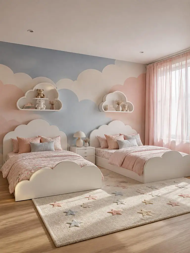 A dreamy twin kids bedroom inspired by clouds and soft whimsical styling, designed with Scandinavian simplicity and warm pastel tones.