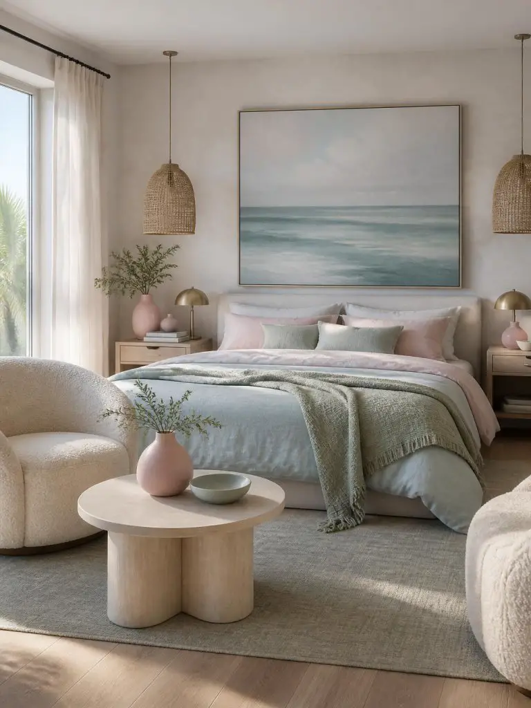 A serene coastal-inspired bedroom featuring a layered palette of powder blue, soft blush pink, and muted sage green in a bright interior.