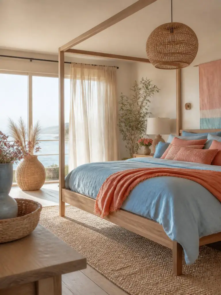 interior photography of a coastal-inspired pink orange and blue bedroom filled with airy natural textures and relaxed modern styling.