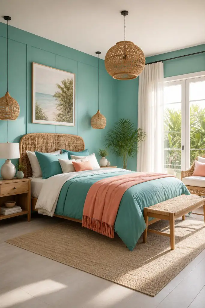 A coastal boho-inspired bedroom highlighting teal feature walls paired with natural rattan furniture.